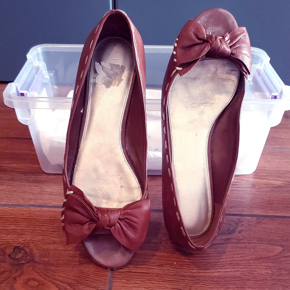 Lauren RL Brown Leather Peep-toe flats w/bow 8.5